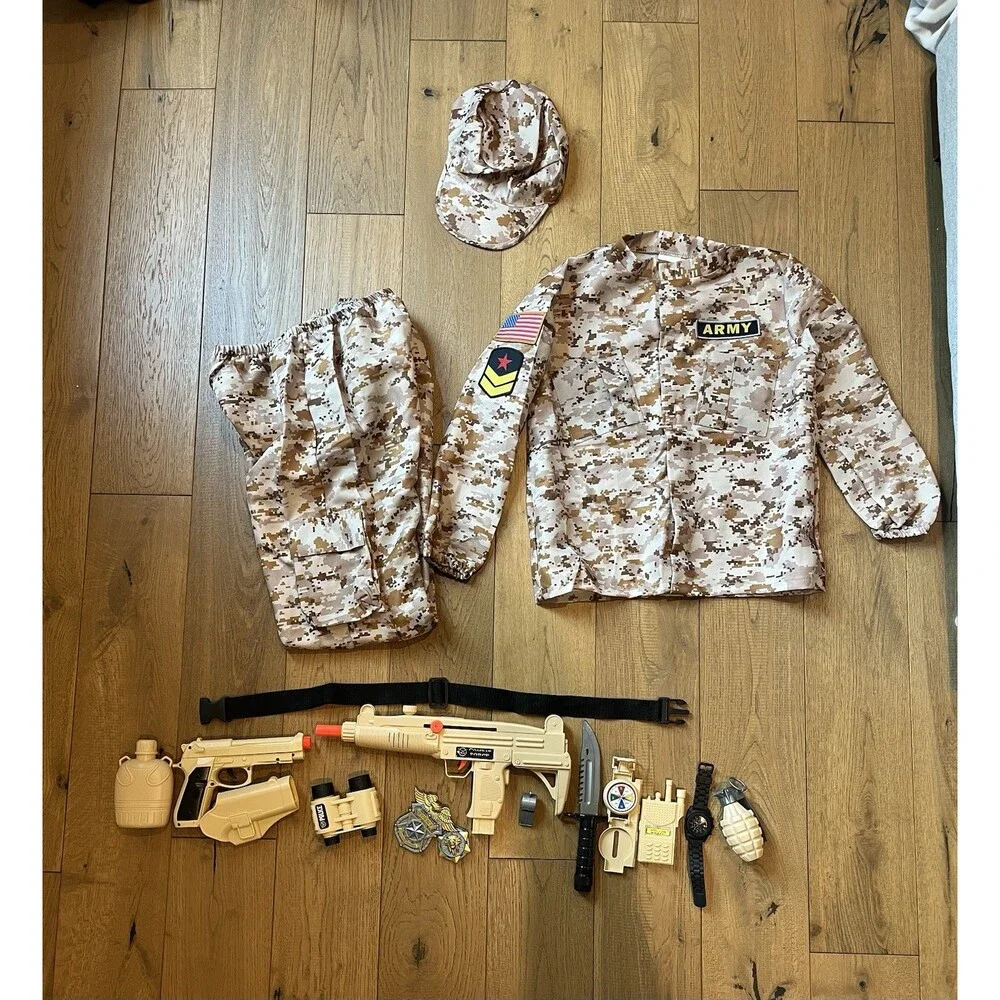 Army Military Combat Costume Kids Large Halloween + Accessories Open Box New